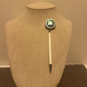 Really Nice Working Mechanical Pencil Brooch -Cream, Silver with Abalone Shell